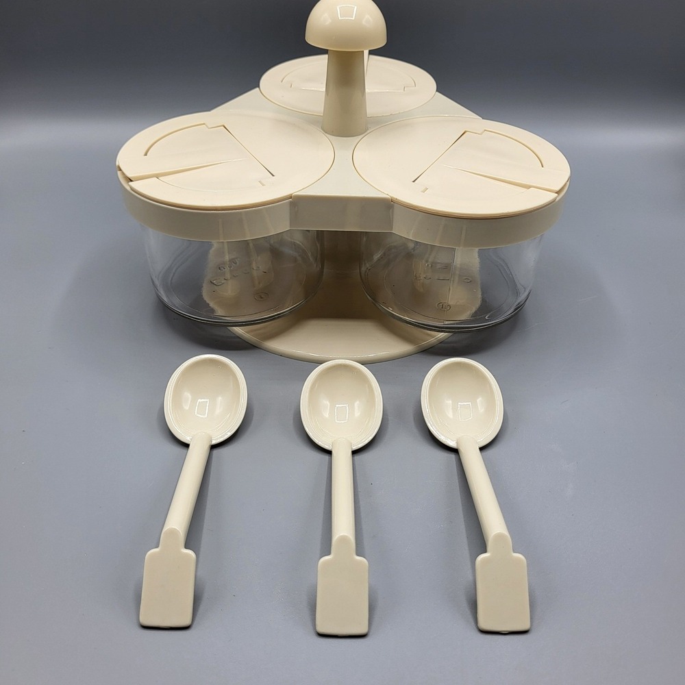 Gemco Condiment Server Carousel 3 Glass Jars Spoons Lazy Susan Almond Cream MCM